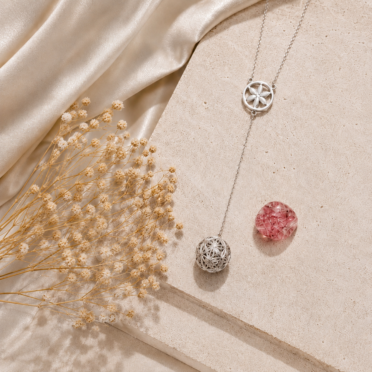World Blooms Silver Finish Ball Necklace with Cherry Quartz